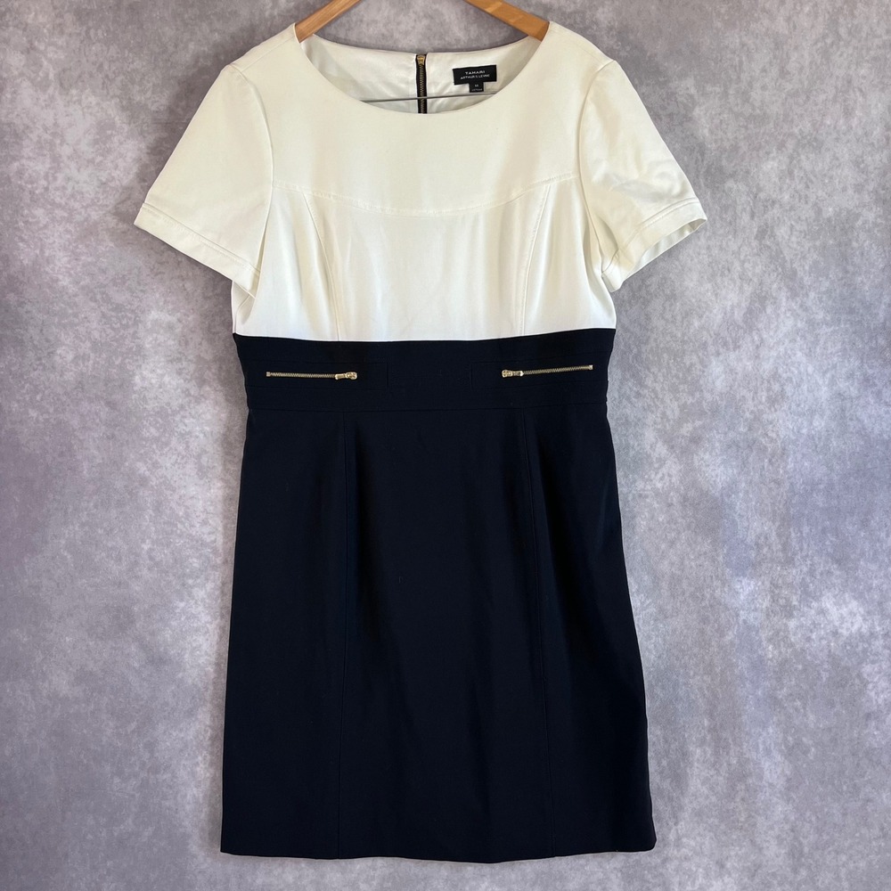 Tahari Arthur Levine Sheath Dress Women 14 Black White Colorblock Zipper Detail